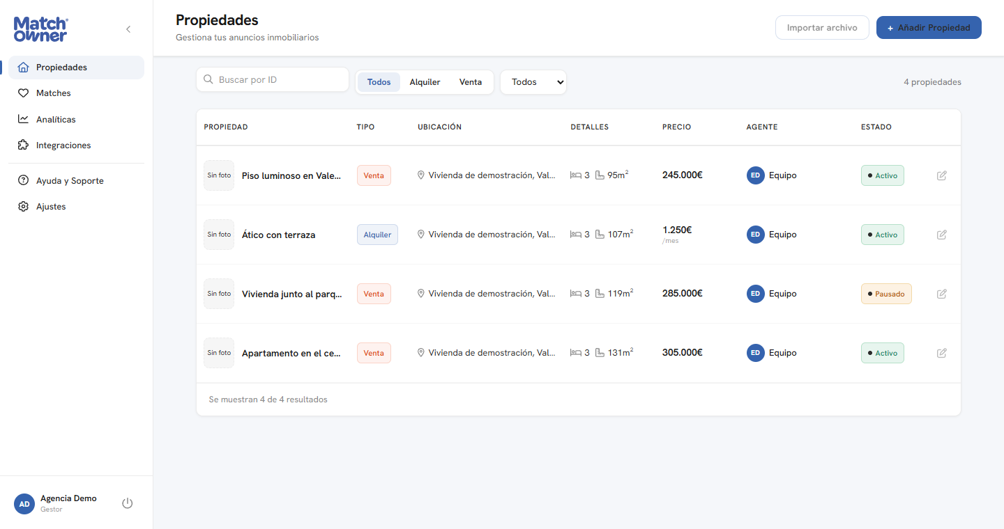 Dashboard de MatchOwner con la cartera de propiedades, filtros y estados de una agencia de demostración
